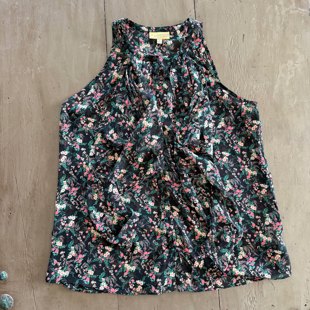 Princess Vera Wang Floral Chiffon Sleeveless Tie Front Blouse Black Pink Large